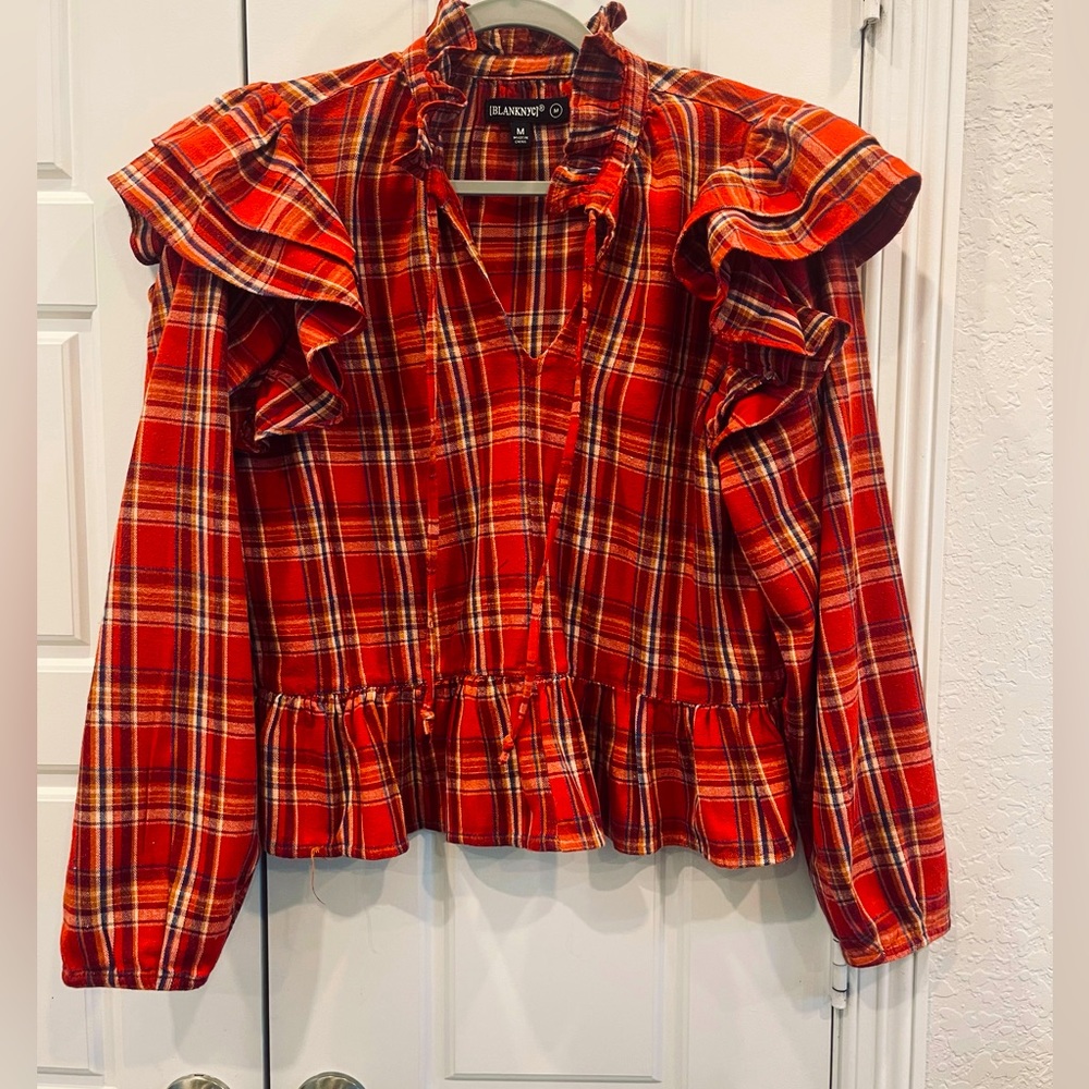 BLANK-NYC Burnt Orange Plaid Woman’s Keyhole Top Long Sleeves Ruffle Detail